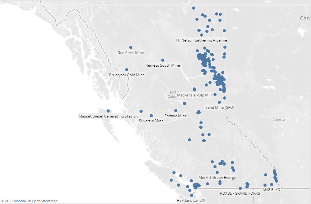 A map of large emitters in B.C.
