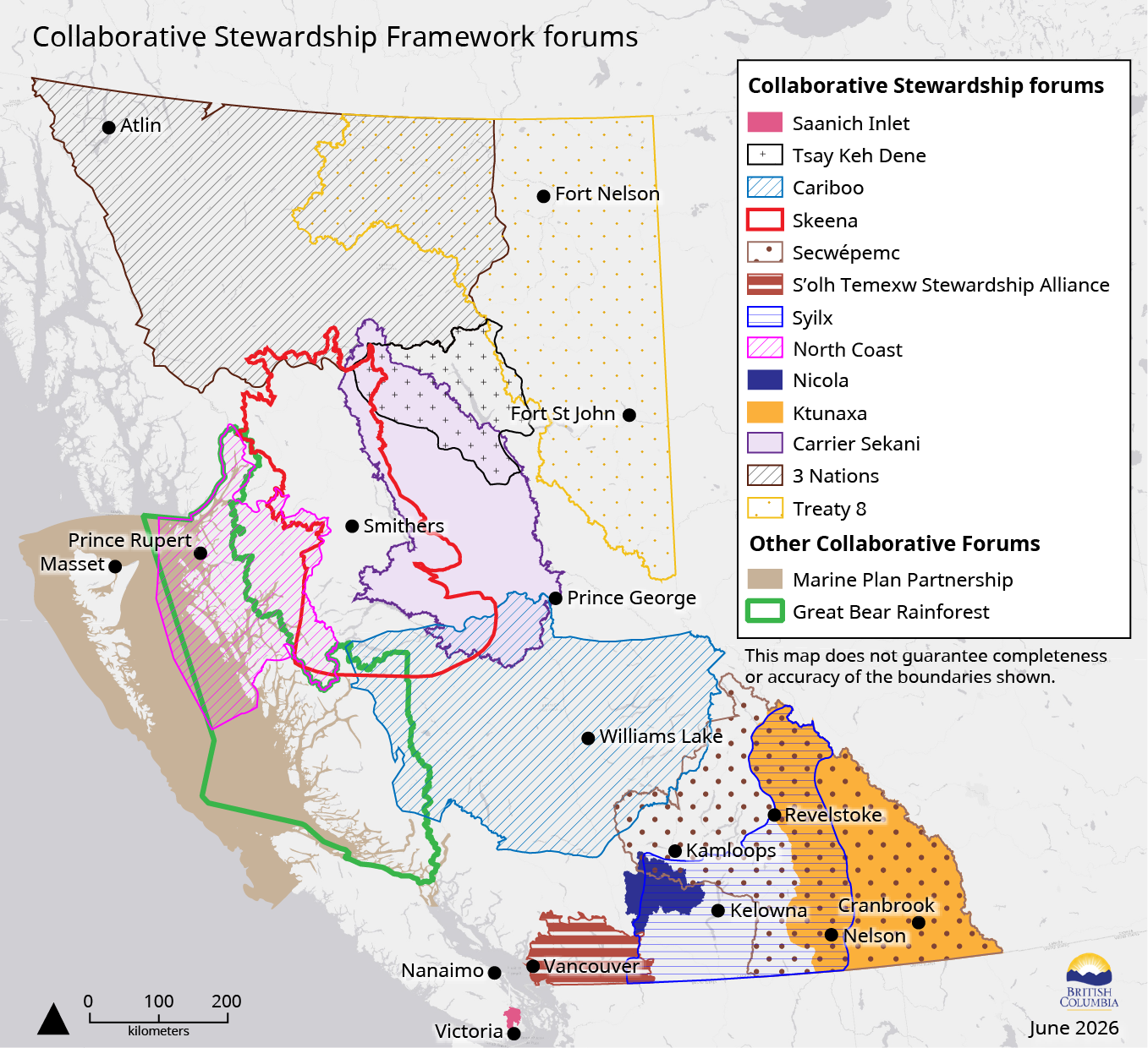 Map showing CSF forum regions throughout British Columbia. Northern forums include 3 Nations and Treaty 8. Forums in central B.C. include Carrier Sekani, Skeena, Tsay Keh Dene, and Cariboo. Much of coastal and marine B.C. is covered by the North Coast forum, as well as the other collaborative forums (Great Bear Rainforest, and Marine Plan Partnership). In the south of B.C. are: S'olh Temexw Stewardship Alliance, Nicola, Syilx, Secwepemc, and Ktunaxa.