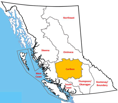 Map of BC, highlighting the Cariboo Region