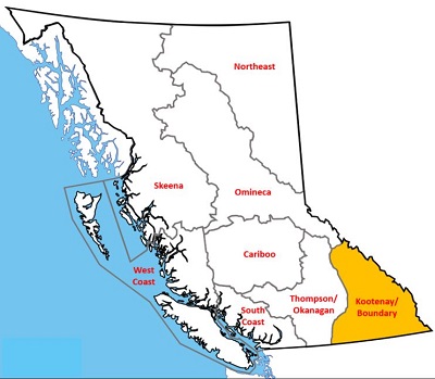 Map of BC, highlighting the Kootenay-Boundary Region.
