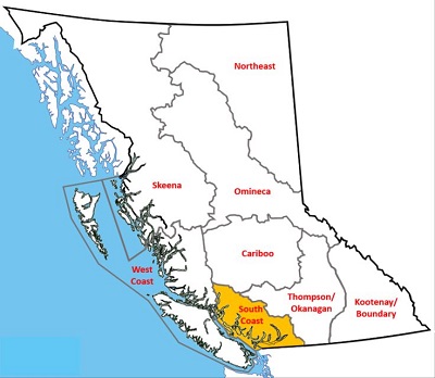 Map of BC, highlighting the South Coast Region.