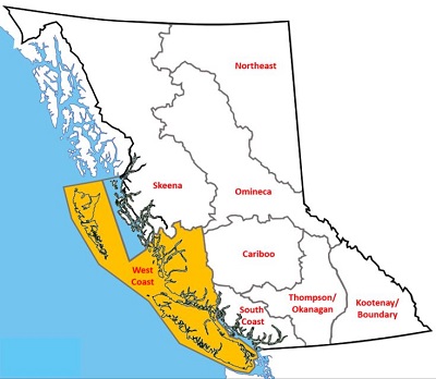 Map of BC, highlighting the Cariboo Region.