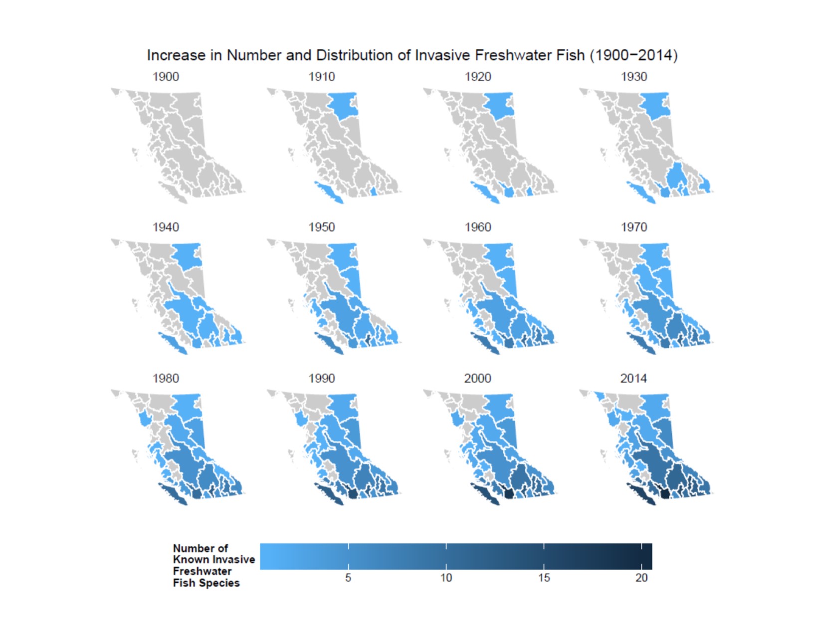 diagram showing the increasing distribution of invasive fish species across BC watersheds