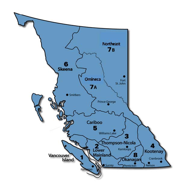 Map of provincial natural resource regions. Clicking on a specific region takes the viewer to the applicable region's Fish Management page. Links are provided below the map image for accessibility purposes. 