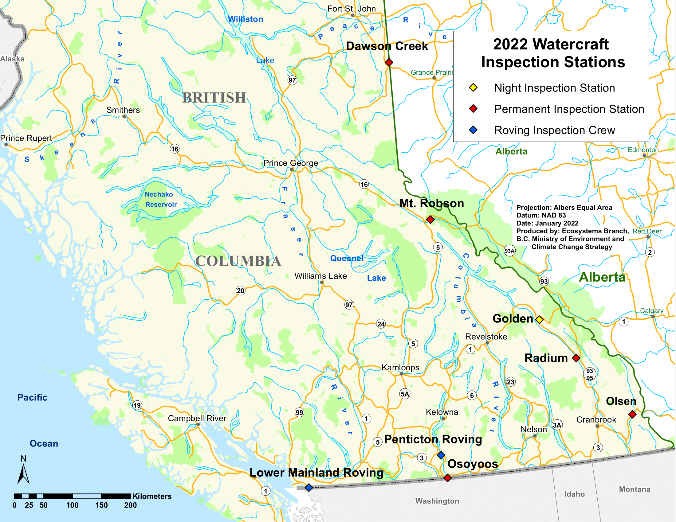 Map showing location and operation hours of inspection stations across the province
