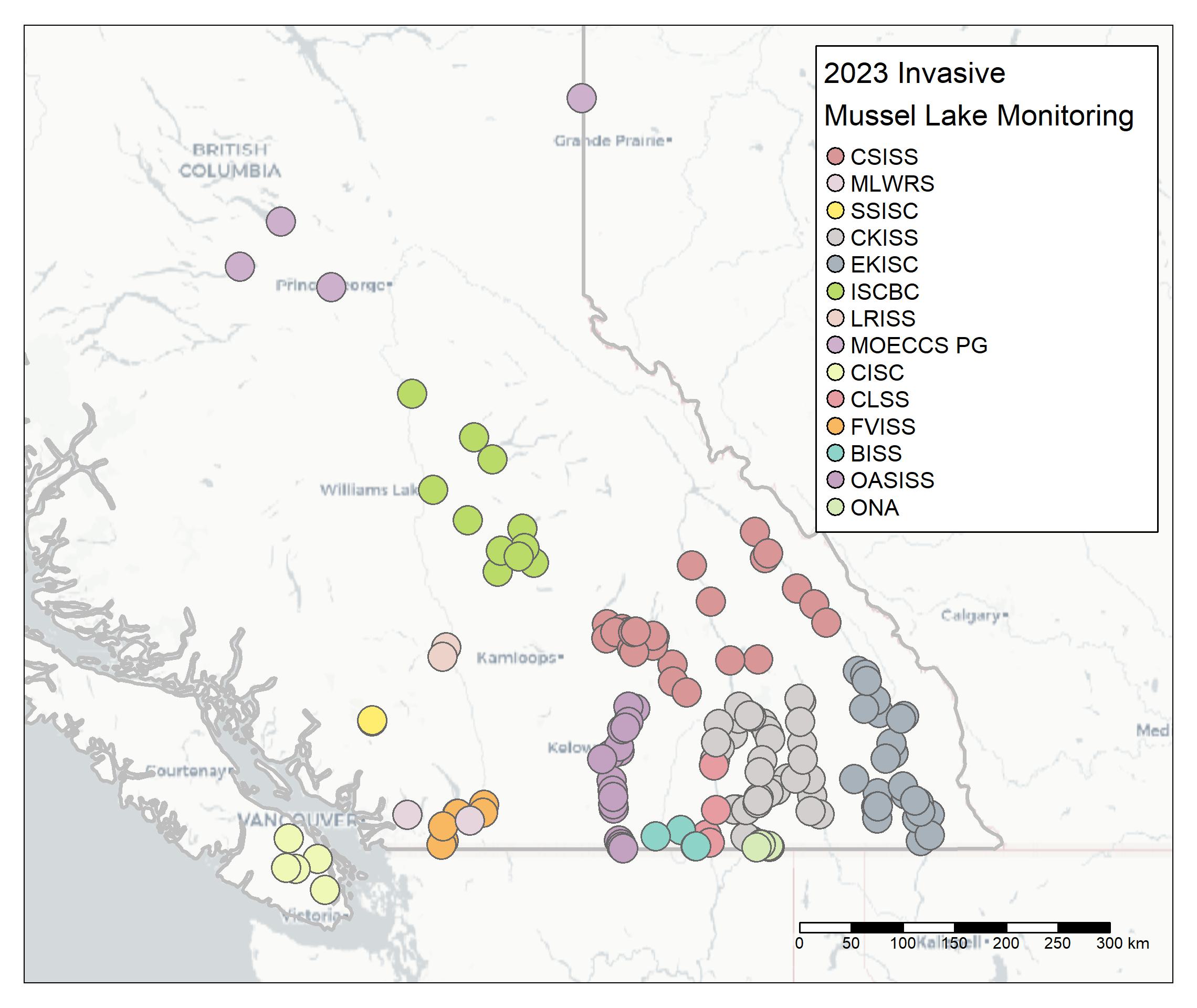 lake monitoring for invasive zebra quagga mussel velligers was performed by 12 organizations, plus provincial and federal governments