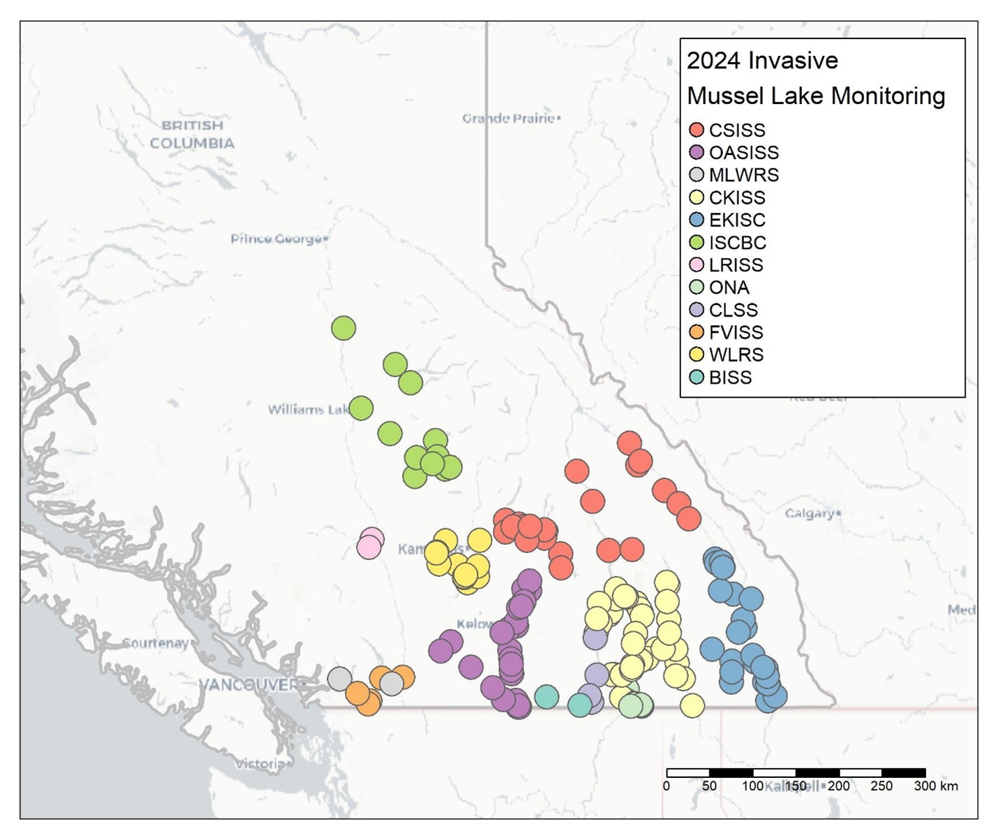 lake monitoring for invasive zebra quagga mussel velligers was performed by 12 organizations, plus provincial and federal governments