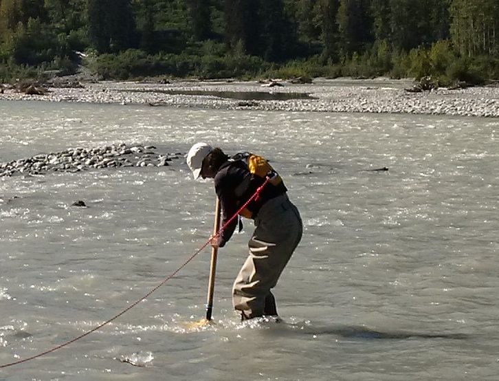 A person assessing surface water quality at Salmon Glacier