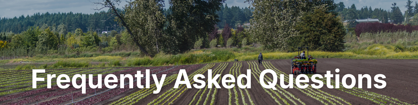 Wide view of a cultivated farm field with multiple rows of young crops planted in parallel lines across dark soil, a tractor and a person working among the rows in the midground, and tall trees and vegetation in the background under an overcast sky, with large white text reading “Frequently Asked Questions” overlaid across the center.