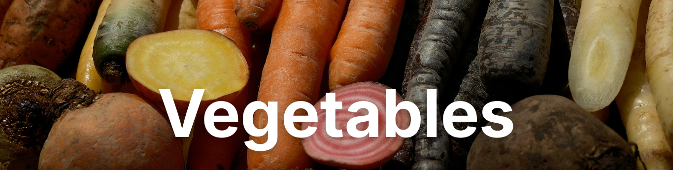 Close-up of assorted root vegetables, including orange, purple, and white carrots along with beets, one sliced to show a red and white ring pattern, arranged closely together, with large white text reading “Vegetables” overlaid across the center.