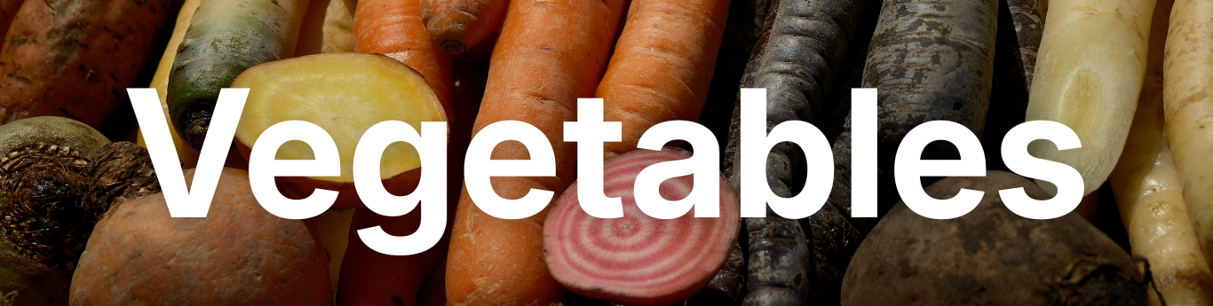Close-up of assorted root vegetables, including orange, purple, and white carrots along with beets, one sliced to show a red and white ring pattern, arranged closely together, with large white text reading “Vegetables” overlaid across the center.