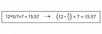 Equation showing 12 times 5 divided by 7 plus 7 equals 15.57, followed by an arrow to the equivalent expression using the fraction 5 over 7 in parentheses