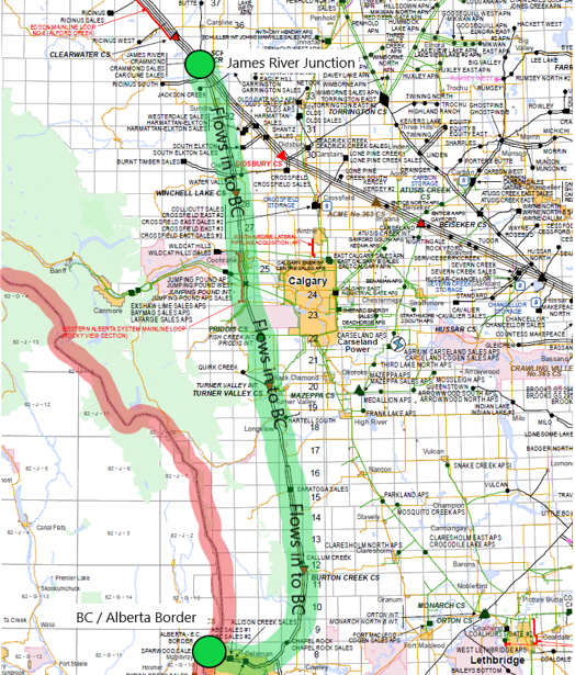 Map of NGTL system’s WASML pipeline with flow into B.C. Map of NGTL system’s WASML pipeline with flow into B.C.