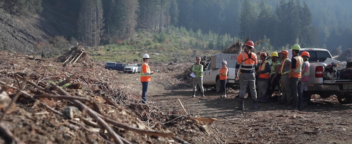 workers having a field safety meeting at a timber harvest site
