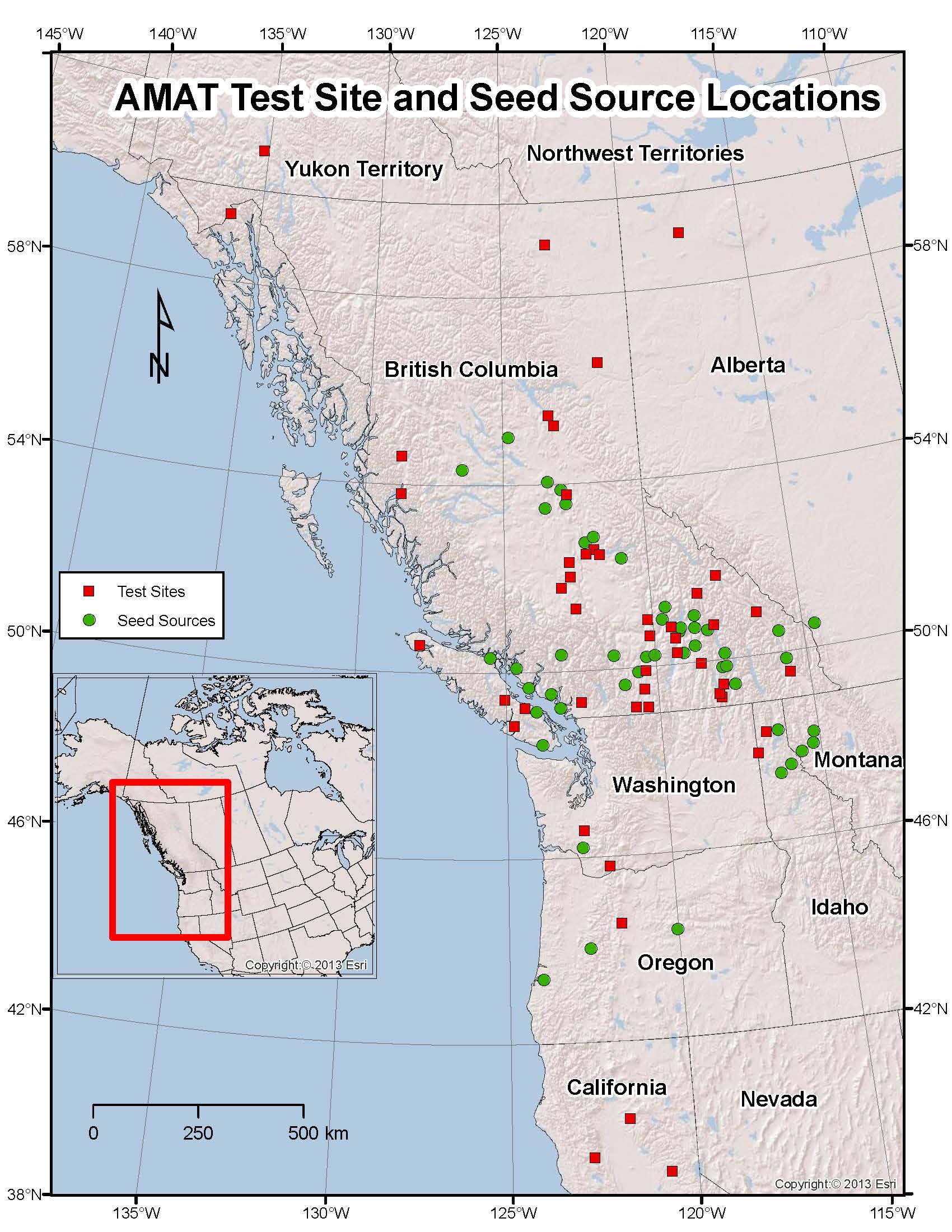 AMAT Test Site and Seed Source Locations as of December 2013