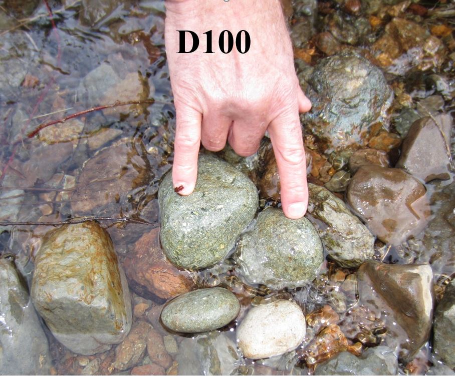 D100 represents the “largest” moveable sediment particles in the stream reach
