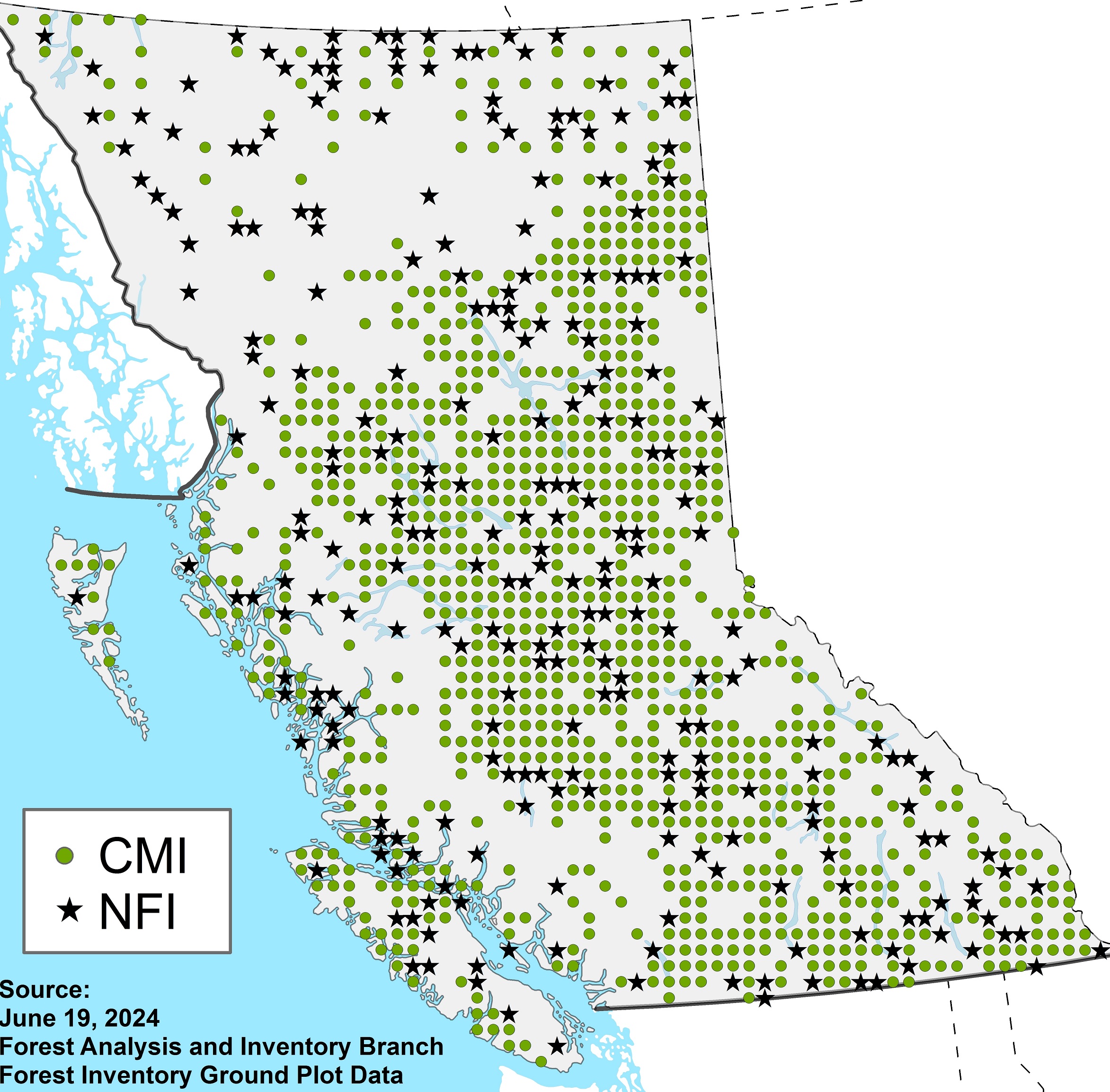 Map of British Columbia that indicates the locations of established Change Monitoring Inventory plots as well as National Forest Inventory plots.
