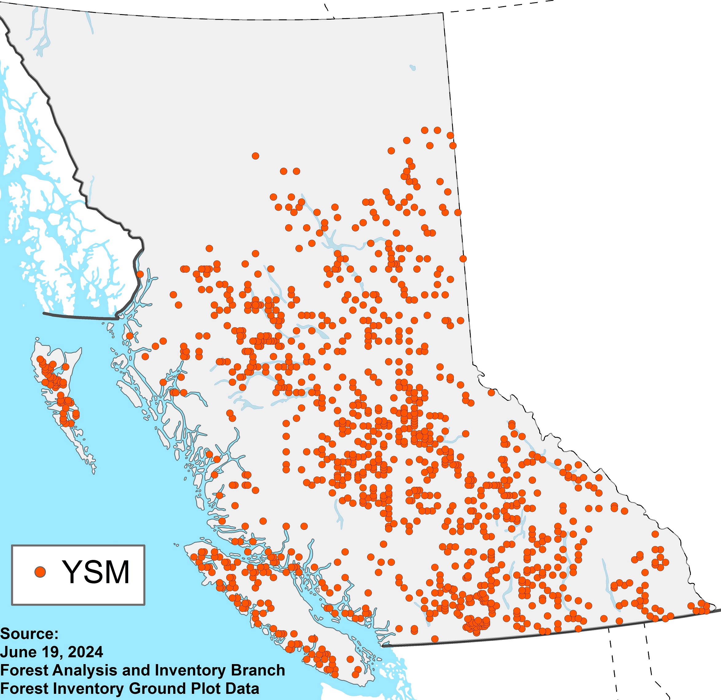 Map of British Columbia that indicates the locations of Young Stand Monitoring plots.
