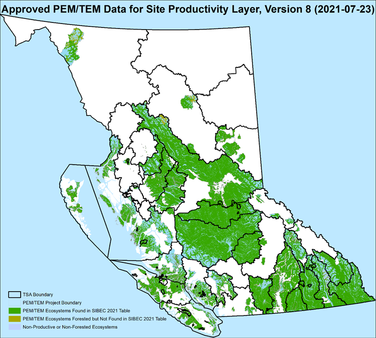 Thumbnail image of a map of Approved PEM/TEM Data for Site Productivity Layer, Version 8.0