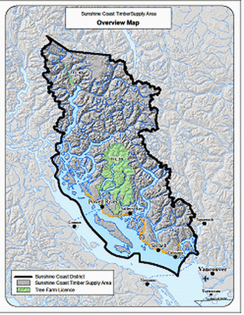 map of Sunshine Coast Timber Supply Area, click to expand