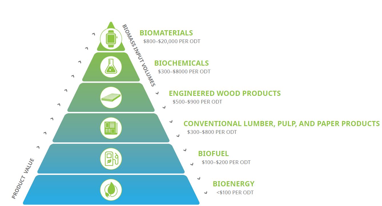 The six categories of bioproducts, showing the economic value compared to biomass input and capital investment required to be profitable.