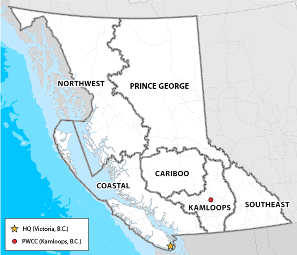 A map of B.C.'s regional fire centre boundaries.