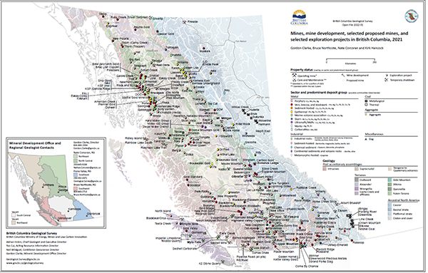 BCGS Open File 2022-01: Mines, mine development, selected proposed mines, and selected exploration projects in British Columbia, 2021