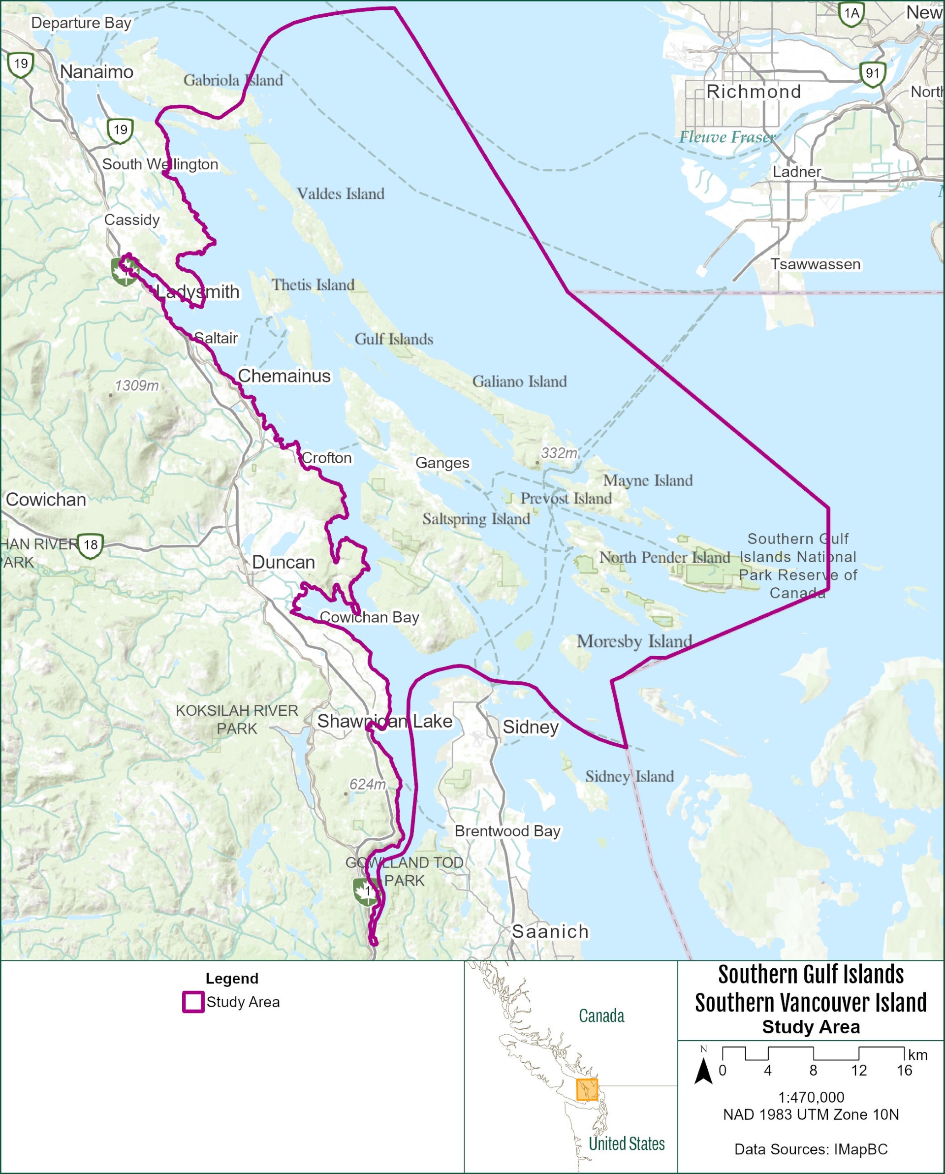 Southern Gulf Islands and Southern Vancouver Island study area map.