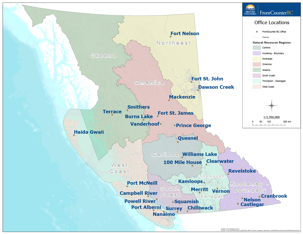 Interactive map showing FrontCounter BC office locations and natural resource regions in BC with links to office location details listed elsewhere on this page.