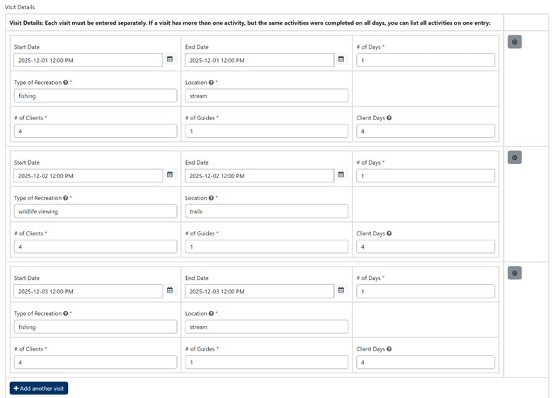 Image shows fields to complete in visit details section of annual visitor report..