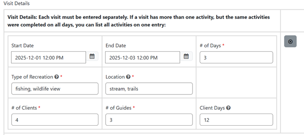 Image shows fields to complete in visit details section of annual visitor report.