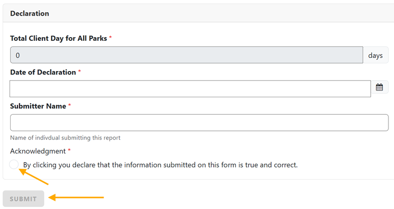 Image shows where the user can click the acknowledgement button and submit button.