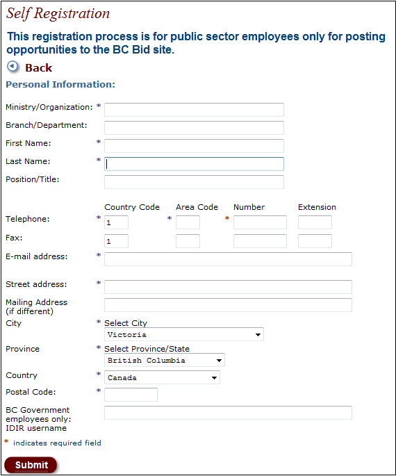 BC Bid Public Sector User registration screen