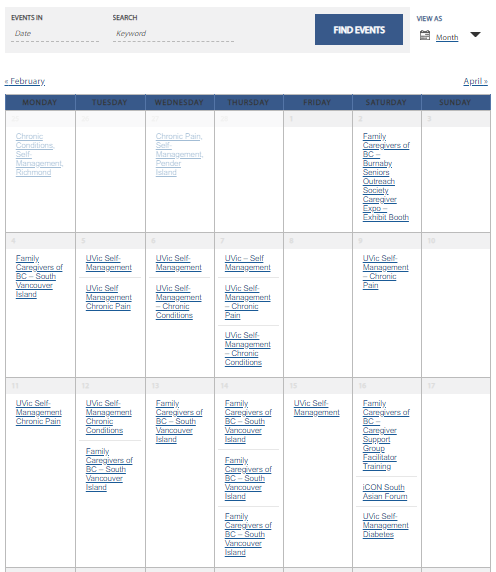 A screenshot of the Patients as Partners Activity Calendar for Patients, Families and Caregivers