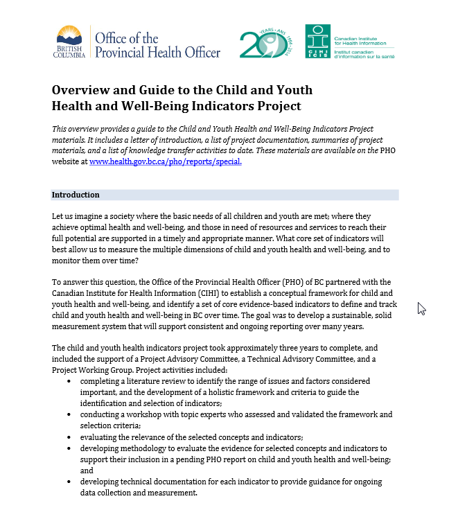 Overview Guide - Child and Youth Health and Well-Being Indicators Project (2014)