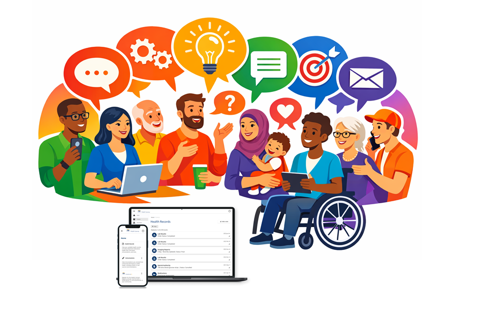 Vector Image of people with speech bubbles and laptop with health gateway
