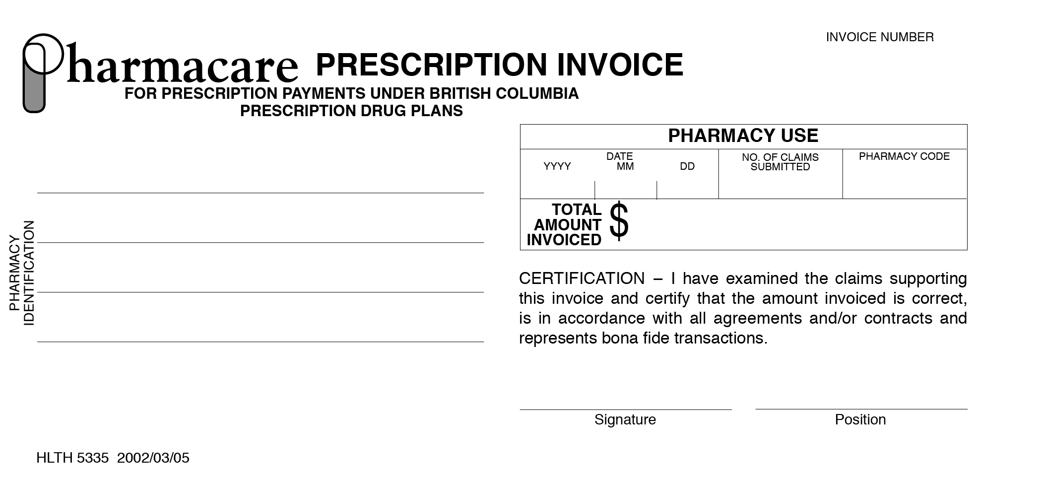 PharmaCare Prescription Invoice (HLTH 5335)