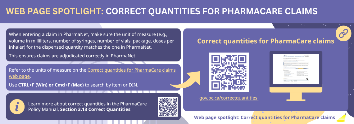 When entering a claim in PharmaNet, make sure the unit of measure (e.g., volume in milliliters, number of syringes, number of vials, package, doses per inhaler) for the dispensed quantity matches the one in PharmaNet.  This ensures claims are adjudicated correctly in PharmaNet. Refer to the units of measure on the Correct quantities for PharmaCare claims web page.   Use CTRL+F (Win) or Cmd+F (Mac) to search by item or DIN.