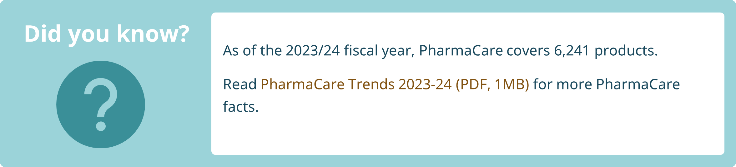 As of the 2023/24 fiscal year, PharmaCare covers 6,241 products.