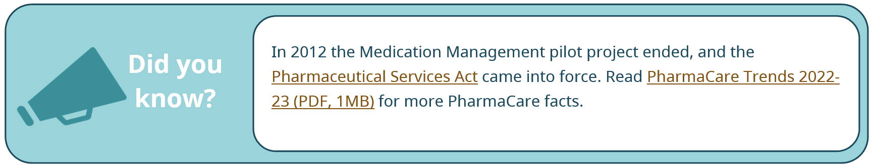 Did you know? In 2012 the Medication Management pilot project ended, and the Pharmaceutical Services act came into force. Read PharmaCare Trends 2022-23 for more PharmaCare facts.