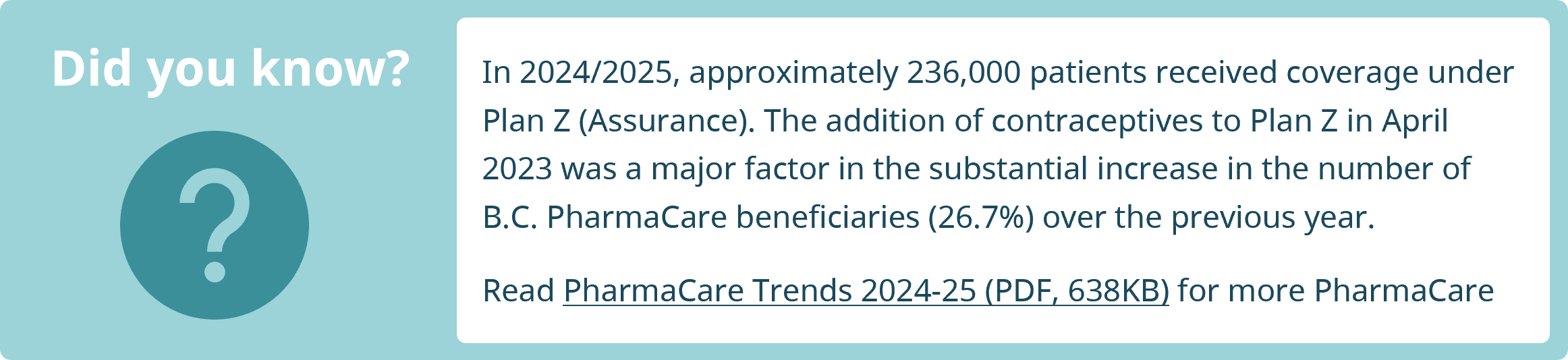 Did you know? In 2024/2025, approximately 236,000 patients received coverage under Plan Z (Assurance). The addition of contraceptives to Plan Z in April 2023 was a major factor in the substantial increase in the number of B.C. PharmaCare beneficiaries (26.7%) over the previous year. Read PharmaCare Trends 2024-25 (PDF, 638KB) for more PharmaCare facts