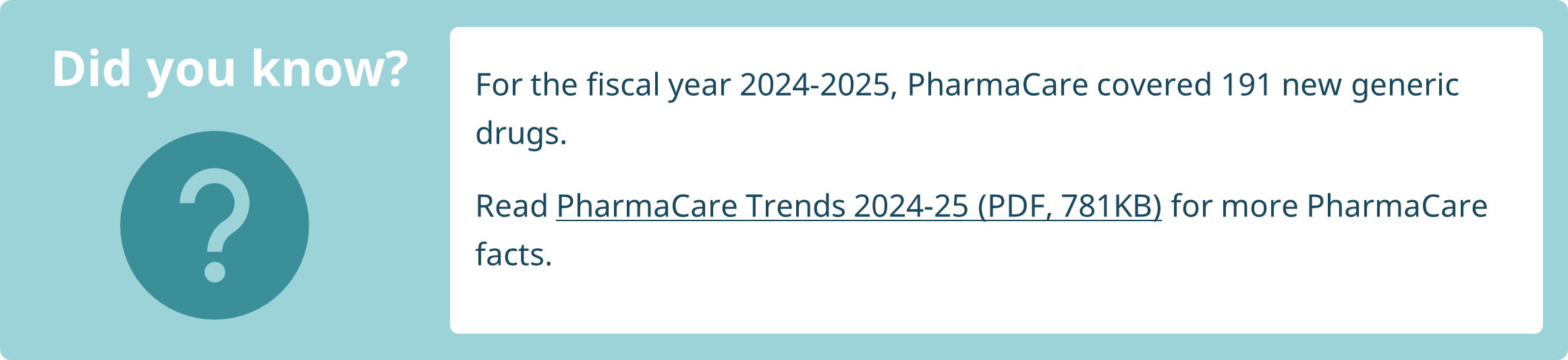 For the fiscal year 2024-2025, PharmaCare covered 191 new generic drugs. Read PharmaCare Trends 2024-25 (PDF, 781KB) for more PharmaCare facts. 