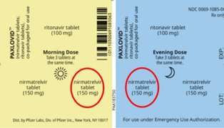 Remove 1 nirmatrelvir 150 mg (pink tablet) from the morning dose and the evening dose on each daily card (circled in red below) and discard.