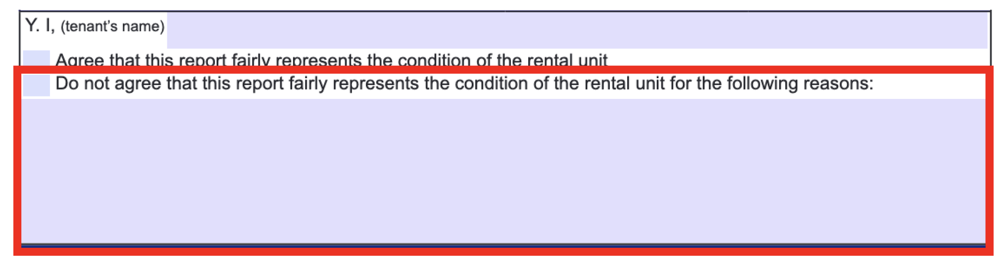 Screenshot showing section Y of the condition inspection form, highlighting the area to record disagreement