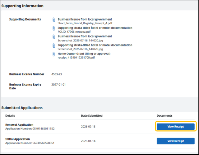 registry detail view with view receipt button highlighted registry detail view with view receipt button highlighted