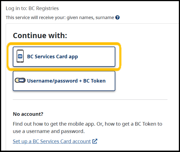 continue with BC services card app button continue with BC services card app button