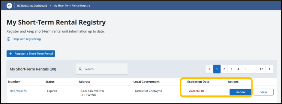 short-term rental registry list view with renew button highlighted short-term rental registry list view with renew button highlighted