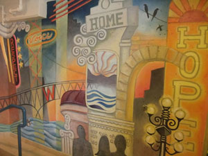 Reception Mural, by Joey Mallett, Rita Buchwitz  and Jerry Whitehead. The mural focuses on four words – hope, respect, voice and home – within the context of the Downtown Eastside.