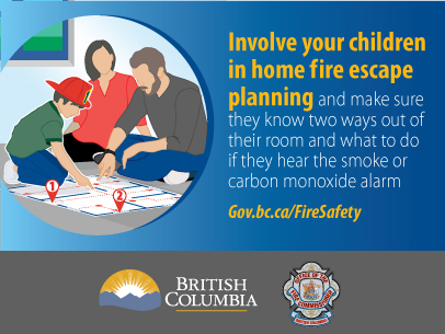 Illustration of a mother, father and child sitting on the floor and looking at their home escape plan. Text reads "Involve your children in home fire escape planning and make sure they know two ways out of their room and what to do if they hear the smoke or carbon monoxide alarm."