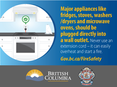 Picture of a stove plugged into a wall outlet with text that reads "Major appliances like fridges, stoves, washers/dryers and microwave ovens, should be plugged directly into a wall outlet. Never use an extension cord - it can easily overheat and start a fire."
